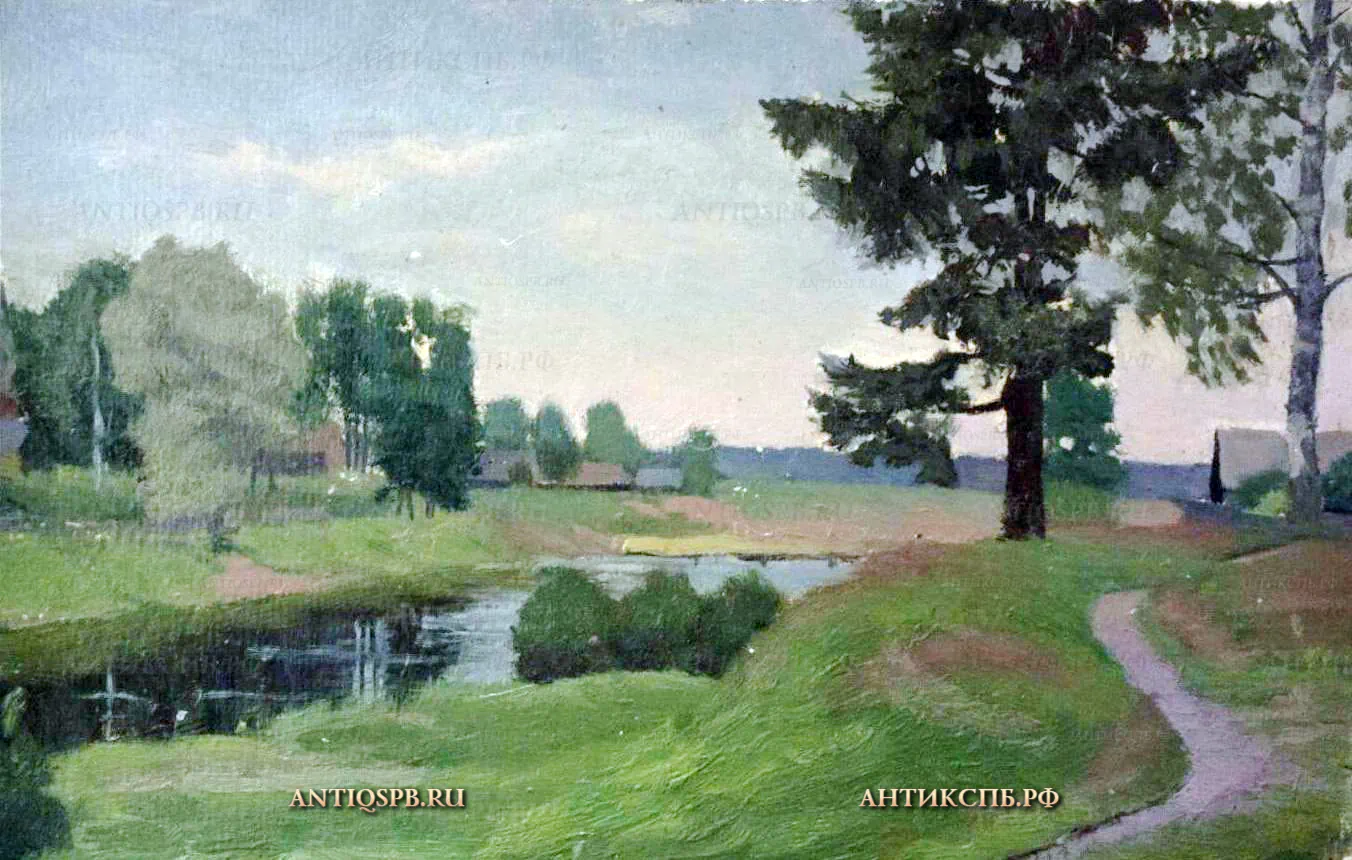 Картина, этюд "Домики у реки". Художник: В.И. Лучников. СССР. Вт. пол. ХХ века. №18620.4